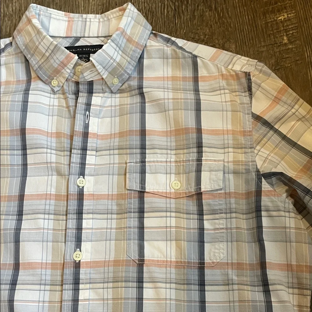 Banana Republic Men's Size Large Blue, Tan & White Plaid Button-Down Shirt